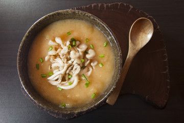 Shimeji mushroom cream. Vegan creamy soup bowl. Overview.