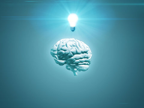 Blue brain concept with lightbulb - 3D render with copy space