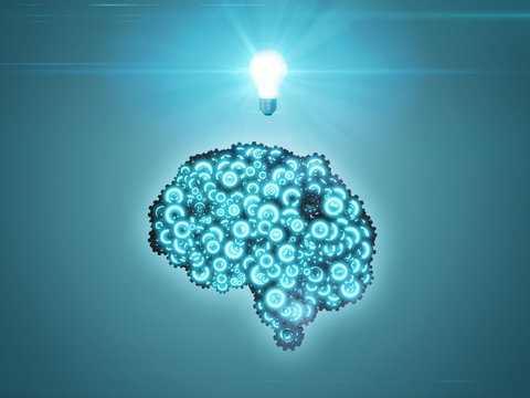 Blue cogwheel mechanical brain with lightbulb - 3d rendered concept