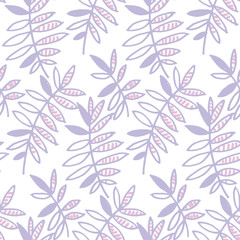 Fototapeta na wymiar tender violet floral motif vector illustration. tropical leaves seamless pattern on white background. hand drawn naive style natural design