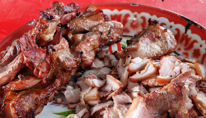 Close up grilled pork at barbecue party on barbecue grill at countryside in holiday.outdoor and family party, soft focus.