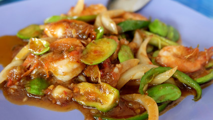 Stir Fried Shrimp with stink bean (bitter bean) ,Southern Thai cuisine.