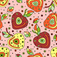 Seamless vector hand drawn childish pattern with fruits. Cute childlike cherry with leaves, seeds, drops. Doodle, sketch, cartoon style background. Line drawing Endless repeat swatch