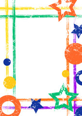 Vector drawn geometric background with geometrical figures, frame, border Grunge template with stars, circles, dots Old style vintage design. Graphic illustration with cracks, attrition a4 size format