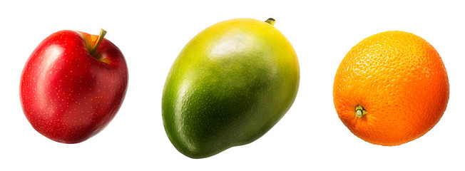 Summer fruit set against a white background apple, mango, orange