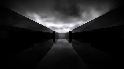 Abstract background black wall and dark sky, 3d illustration.