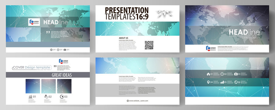The minimalistic abstract vector illustration of the editable layout of high definition presentation slides design business templates. Molecule structure, connecting lines and dots. Technology concept