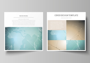 The minimalistic vector illustration of the editable layout of two square format covers design templates for brochure, flyer, magazine. Chemistry pattern with molecule structure. Medical DNA research.