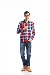 Fototapeta premium Handsome man in checked shirt, studio shot, isolated