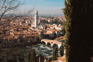 overview of italian Verona  with Ponte Pietra and the Cathedral