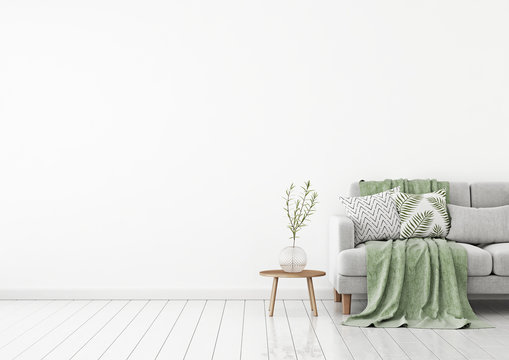 Livingroom interior wall mock up with gray fabric sofa and pillows on white background with free space on left. 3d rendering.