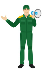 Worker with loudspeaker showing something beside of him