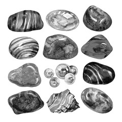 Collection of watercolor stones, illustration on white background.