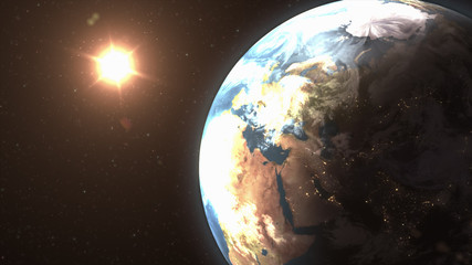 Our earth in cosmos and bright sun. Elements of this image