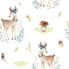 Cute baby deer animal seamless pattern for kindergarten, nursery isolated illustration for children clothing. Watercolor Hand drawn boho image Perfect for phone cases design, nursery posters.