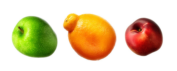 Summer fruit set against a white background apple, nectarine, orange