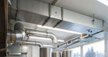 Ventilation pipe system in kitchen interior. - obrazy, fototapety, plakaty