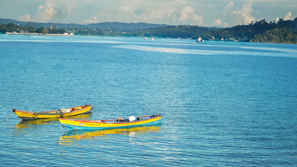 Two Yellow Boats at Shore, Port Blair, Andaman Islands - 148049186