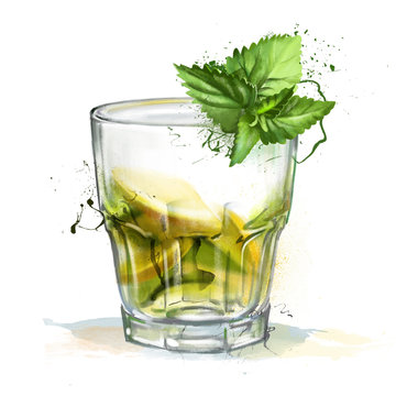 Glass transparent glass of lemonade, and a sprig of mint isolated on white background