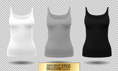Vector illustration of fitness tank top for women. Realistic illustration sport wear. Realistic vector objects on transparent background. White, gray and black colors.