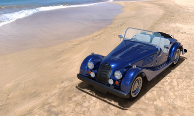 Fototapeta na wymiar A car on resort seashore in a sunny day. 3d render