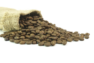 coffee beans in a burlap bag on isolated white background