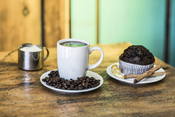 Hot coffee in the morning accompanied by muffins