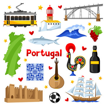 Portugal icons set. Portuguese national traditional symbols and objects