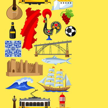 Portugal seamless pattern. Portuguese national traditional symbols and objects