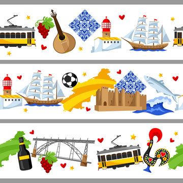 Portugal seamless borders. Portuguese national traditional symbols and objects