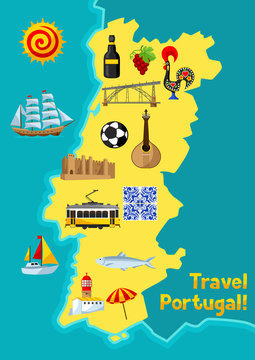 Portugal map. Portuguese national traditional symbols and objects