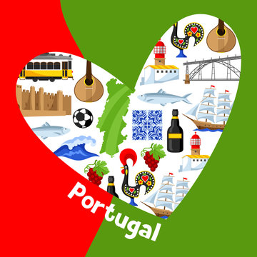 Portugal background design in shape of heart. Portuguese national traditional symbols and objects