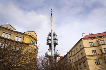 Obraz premium Prague skyline with Zizkov television tower transmitter