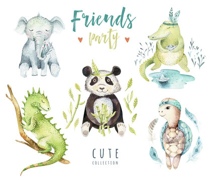 Baby animals nursery isolated illustration for children. Watercolor boho tropical drawing, child punda, crocodile, tropic elephant, iguana and turtle.