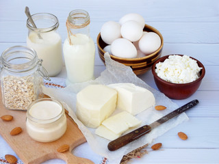 Obraz na płótnie Canvas Set of fresh dairy products on wooden background: milk, cheese cottage, yogurt egg, mozzarella ryazhenka, feta.
