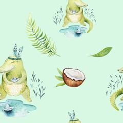 Baby animals nursery isolated seamless pattern. Watercolor boho tropical drawing, child tropical drawing cute crocodile, tropic green