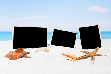 Three pictures on the beach. Summer background