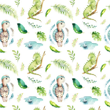 Baby animals nursery isolated seamless pattern. Watercolor boho tropical fabric drawing, child tropical drawing cute iguana, turtle and palm tree, alligator tropic green
