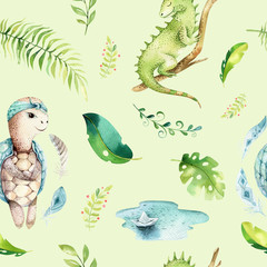 Baby animals nursery isolated seamless pattern. Watercolor boho tropical fabric drawing, child tropical drawing cute iguana, turtle and palm tree, alligator tropic green
