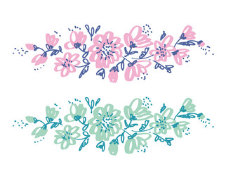 Hand drawn shabby floral design element for card, header, invitation. Sketch style pale color flowers motif.