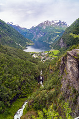 Fototapeta na wymiar Beautiful view over magical Geirangerfjorden from Flydalsjuvet viewpoint, Norway Scandinavia