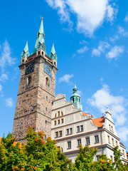 Black Tower and Town Hall in Klatovy on sunny summer day, Czech Republic.