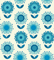 Vector seamless flower pattern for surface design in traditional folk style. Geometry 60s inspired floral  illustration in blue pottery color for wrapping paper, fabric, cloth.