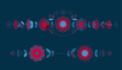 Deep blue and red pattern design elements for in boho style.  Rustic decorative surface design inspired by traditional folk European ornaments for print and web cards, header, poster.