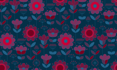 Rustic style decorative surface design inspired by traditional folk European ornaments. Deep blue and red seamless pattern for background, wrapping paper in boho vibes..