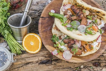 Burrito or shawarma with grilled chicken and vegetables on wooden background in forest. Natural healthy food concept.
