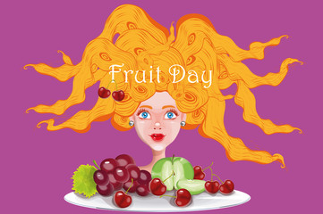 vector illustration with a cute girl with long hair and a plate of fruits 