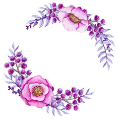 Wreath with Watercolor Violet Leaves and Pink Flowers
