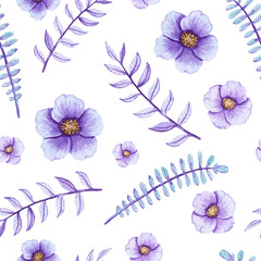 Seamless Pattern of Watercolor Violet Leaves and Little Flowers
