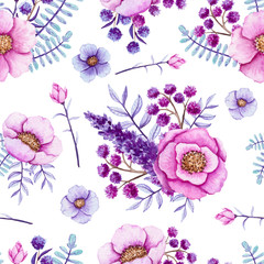 Seamless Pattern of Watercolor Purple and Pink Flowers